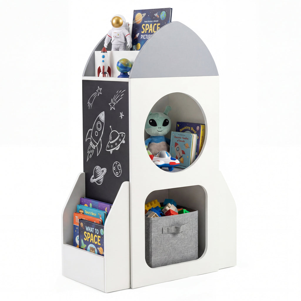 Kids Rocket Space Theme 3-Tier Bookshelf Toy Storage Organizer - White