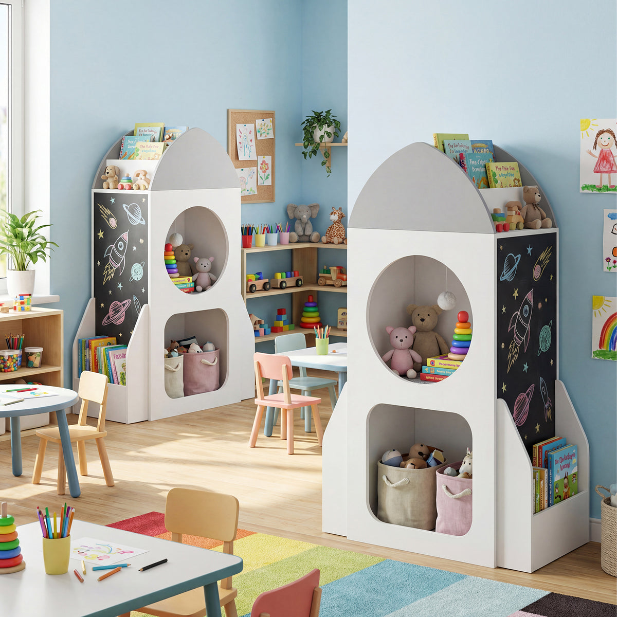 Kids Rocket Space Theme 3-Tier Bookshelf Toy Storage Organizer - White