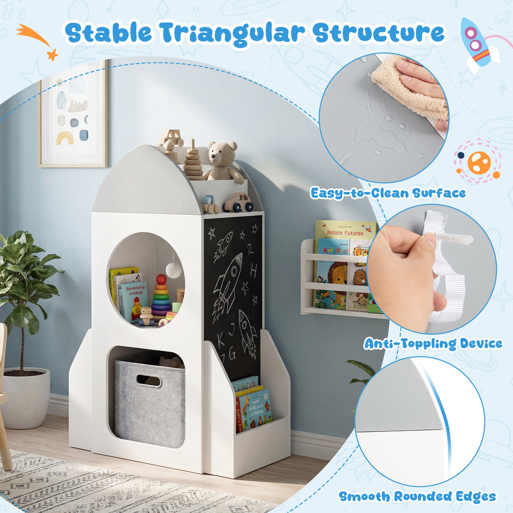 Kids Rocket Space Theme 3-Tier Bookshelf Toy Storage Organizer - White