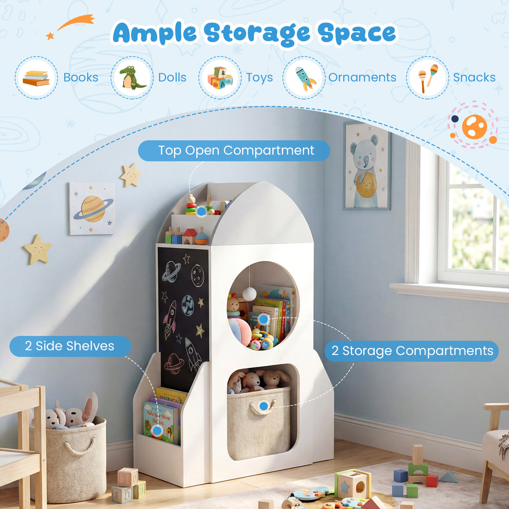 Kids Rocket Space Theme 3-Tier Bookshelf Toy Storage Organizer - White
