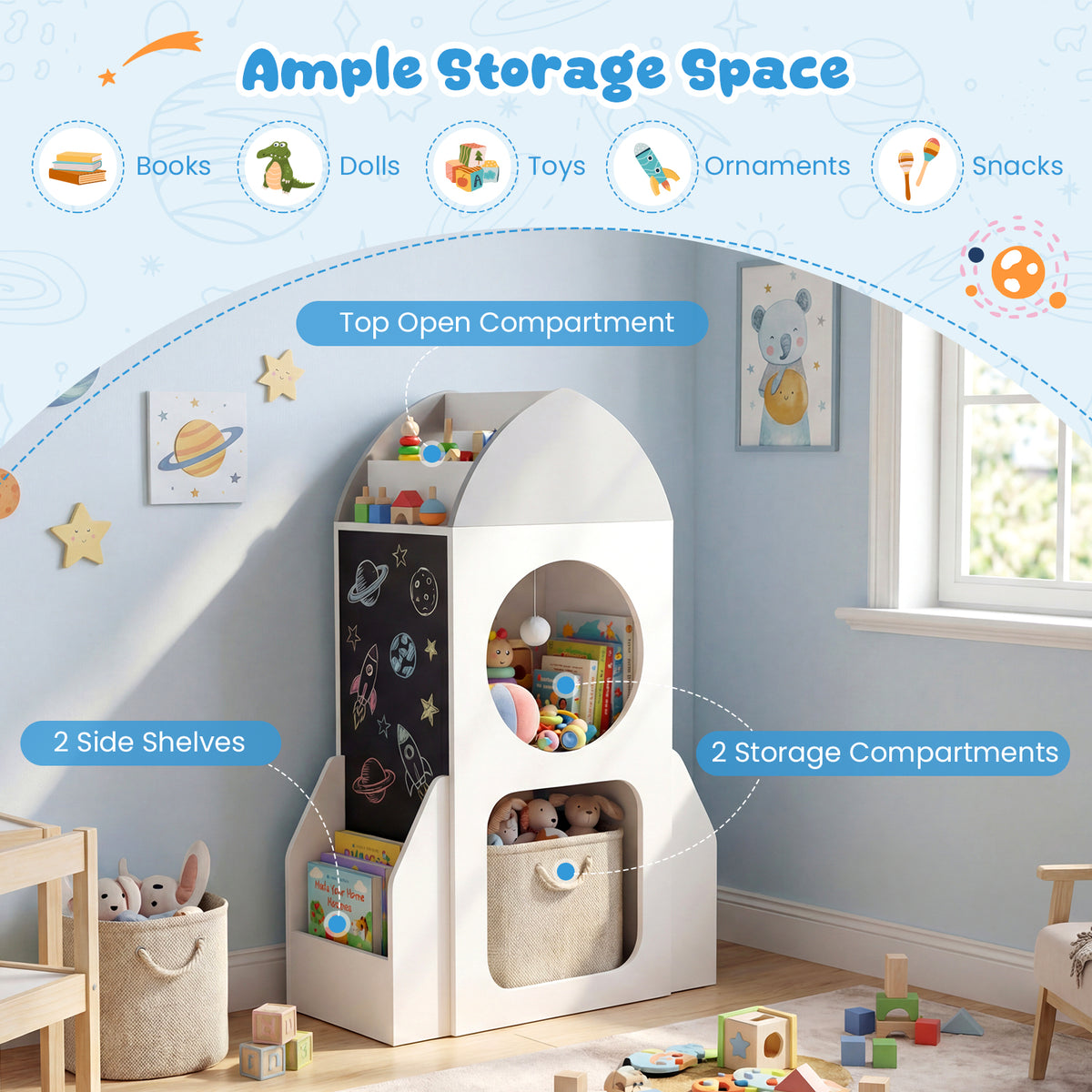 Kids Rocket Space Theme 3-Tier Bookshelf Toy Storage Organizer - White