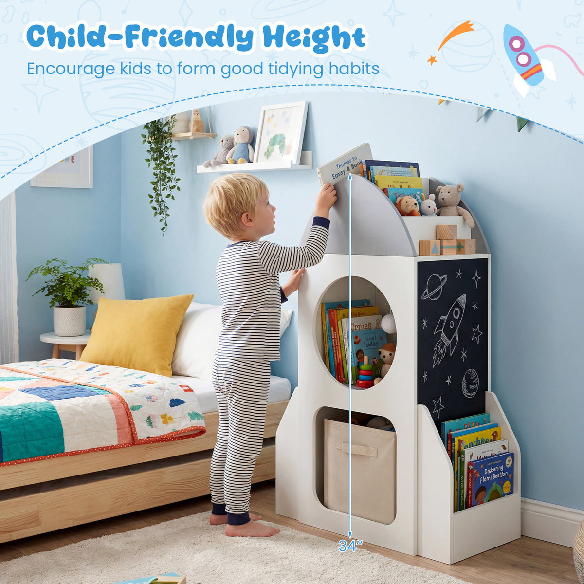 Kids Rocket Space Theme 3-Tier Bookshelf Toy Storage Organizer - White