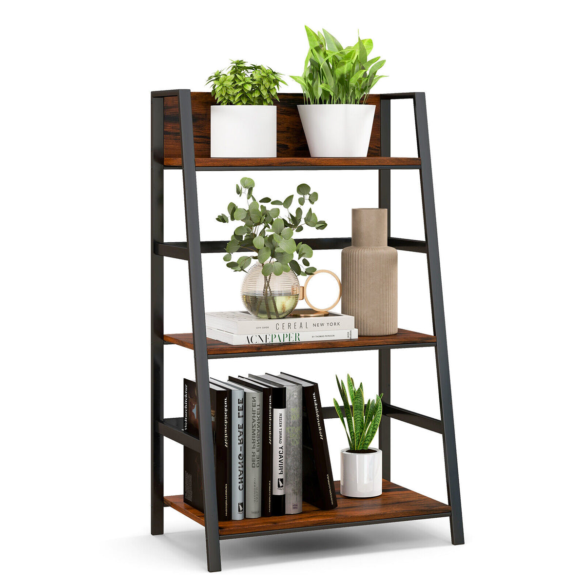 3-Tier Ladder Bookshelf with Metal Frame - Rustic Brown