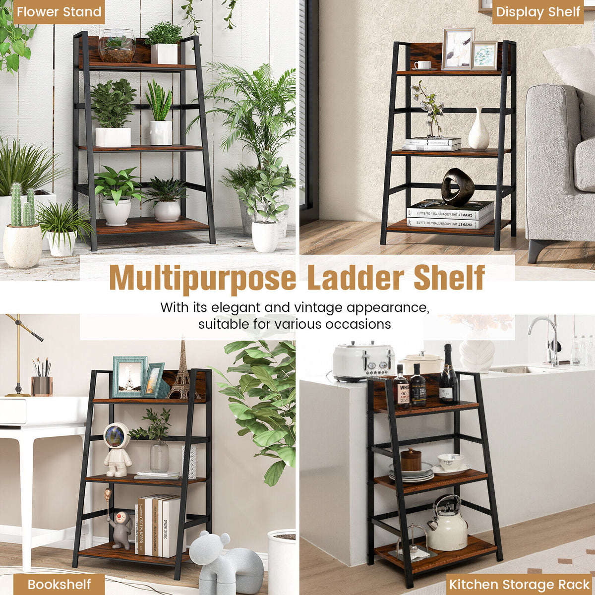 3-Tier Ladder Bookshelf with Metal Frame - Rustic Brown