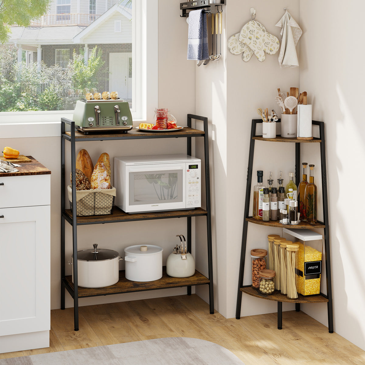 3-Tier Ladder Shelf and Corner Set with Metal Frame