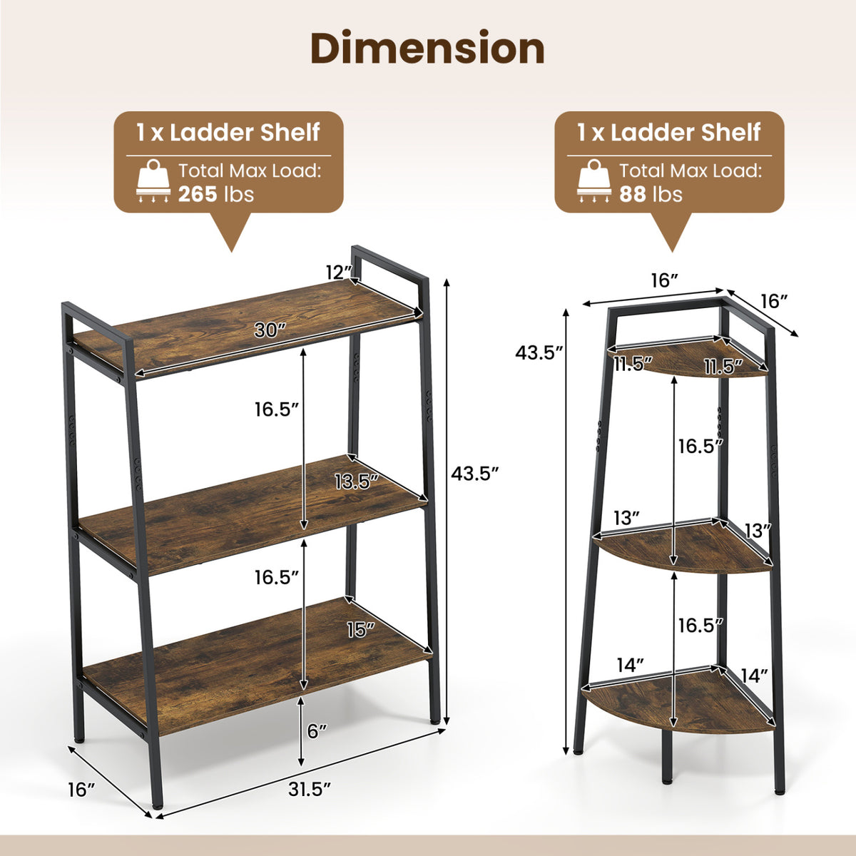 3-Tier Ladder Shelf and Corner Set with Metal Frame