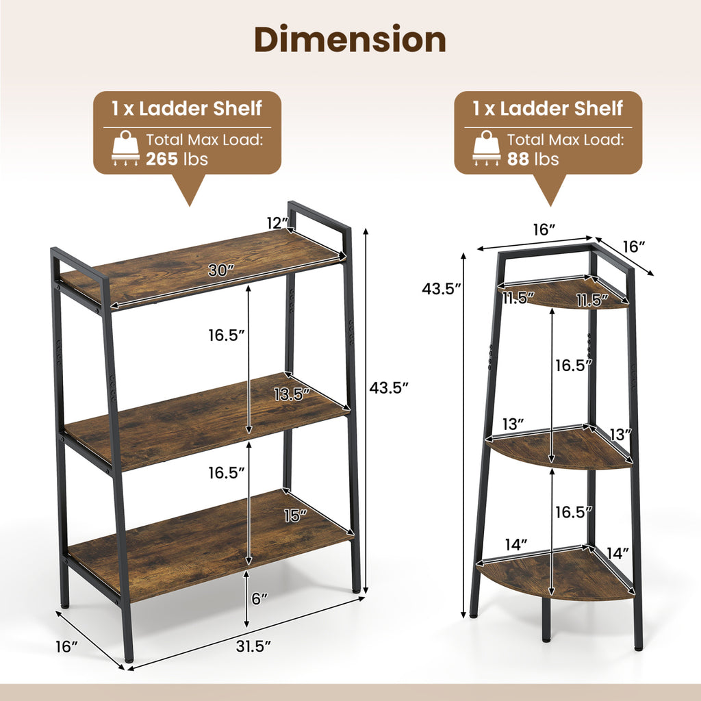 3-Tier Ladder Shelf and Corner Set with Metal Frame