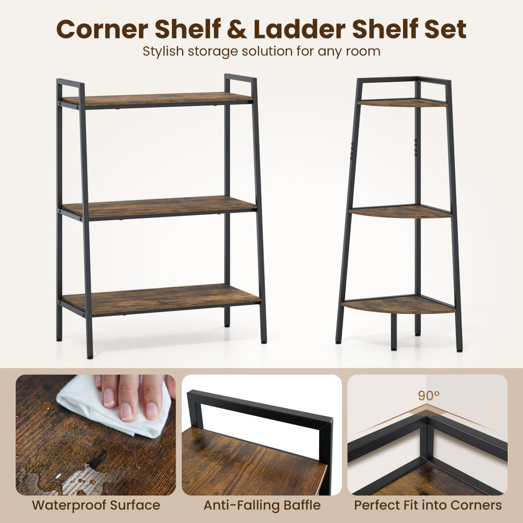 3-Tier Ladder Shelf and Corner Set with Metal Frame