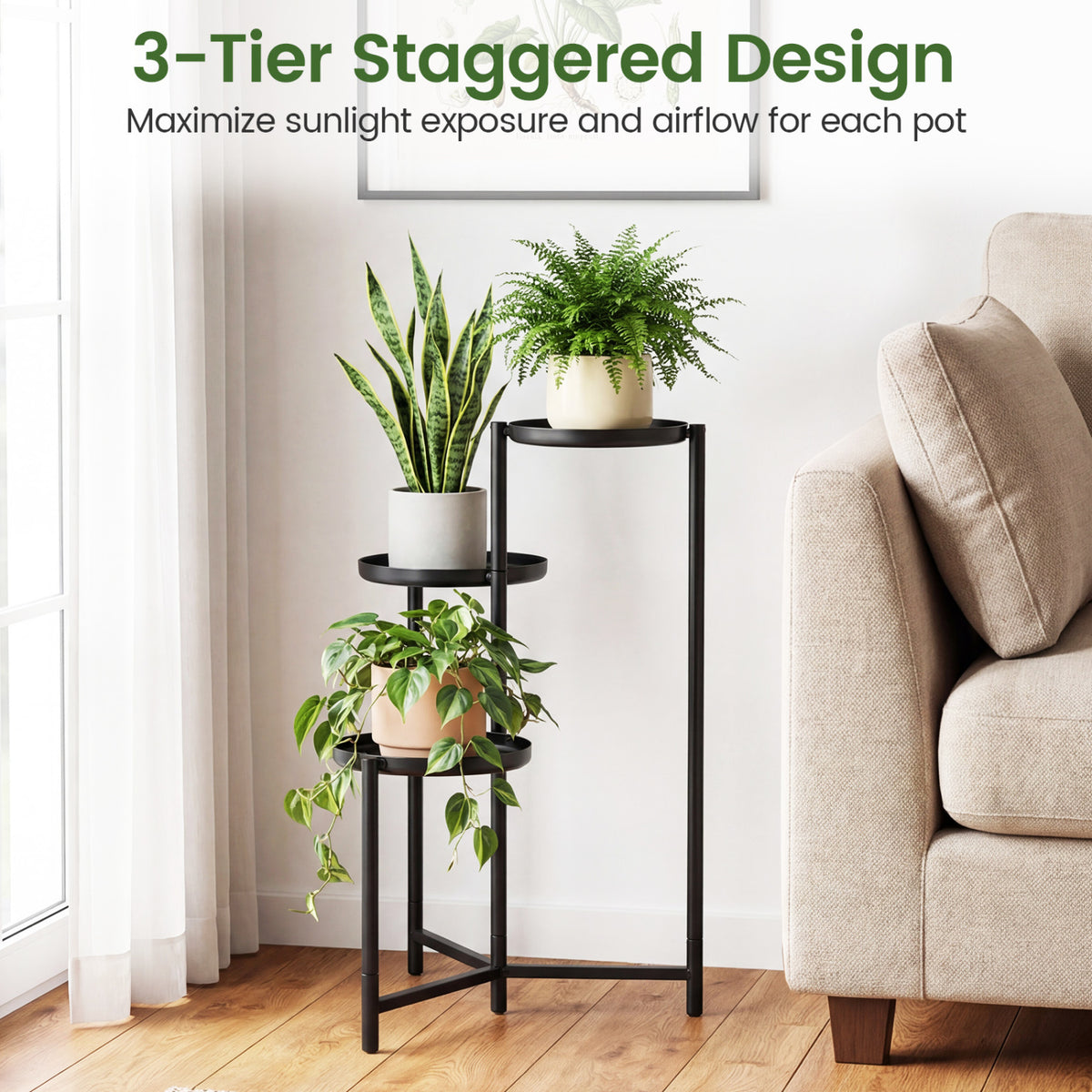 3-Tier Metal Plant Stand, Indoor Outdoor Corner Flower Pot Holder