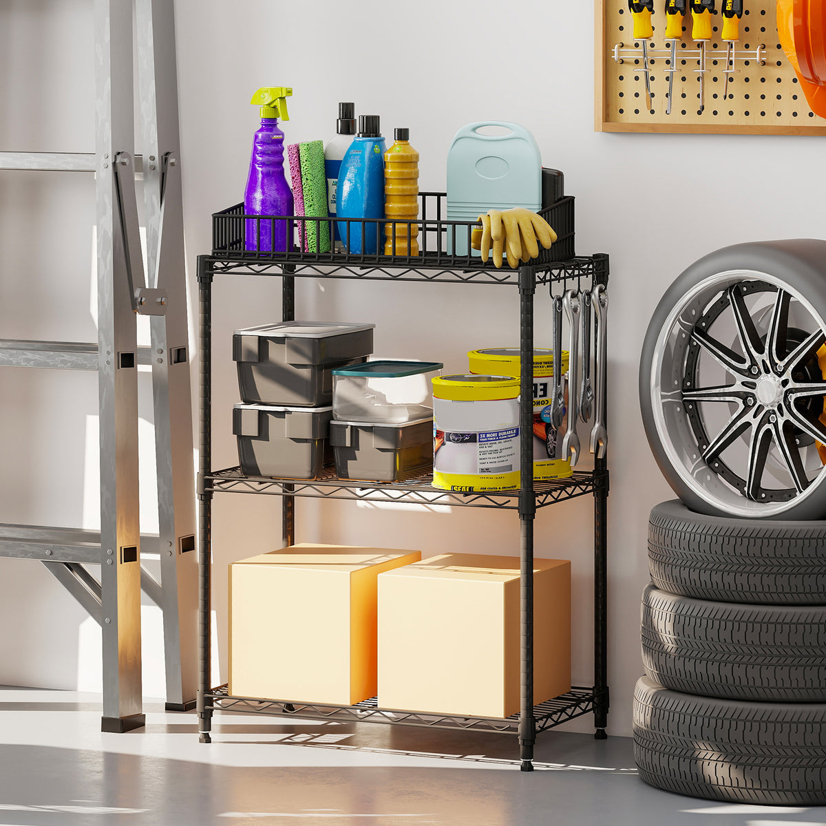 3-Tier Metal Storage Shelving Unit - Black, Set of 2