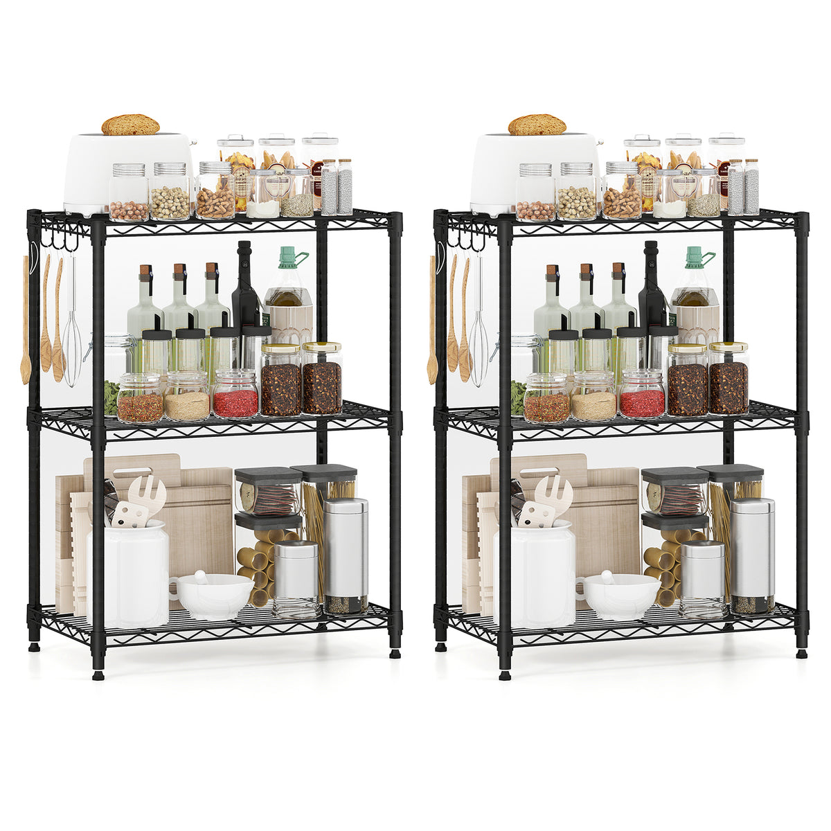 3-Tier Metal Storage Shelving Unit - Black, Set of 2