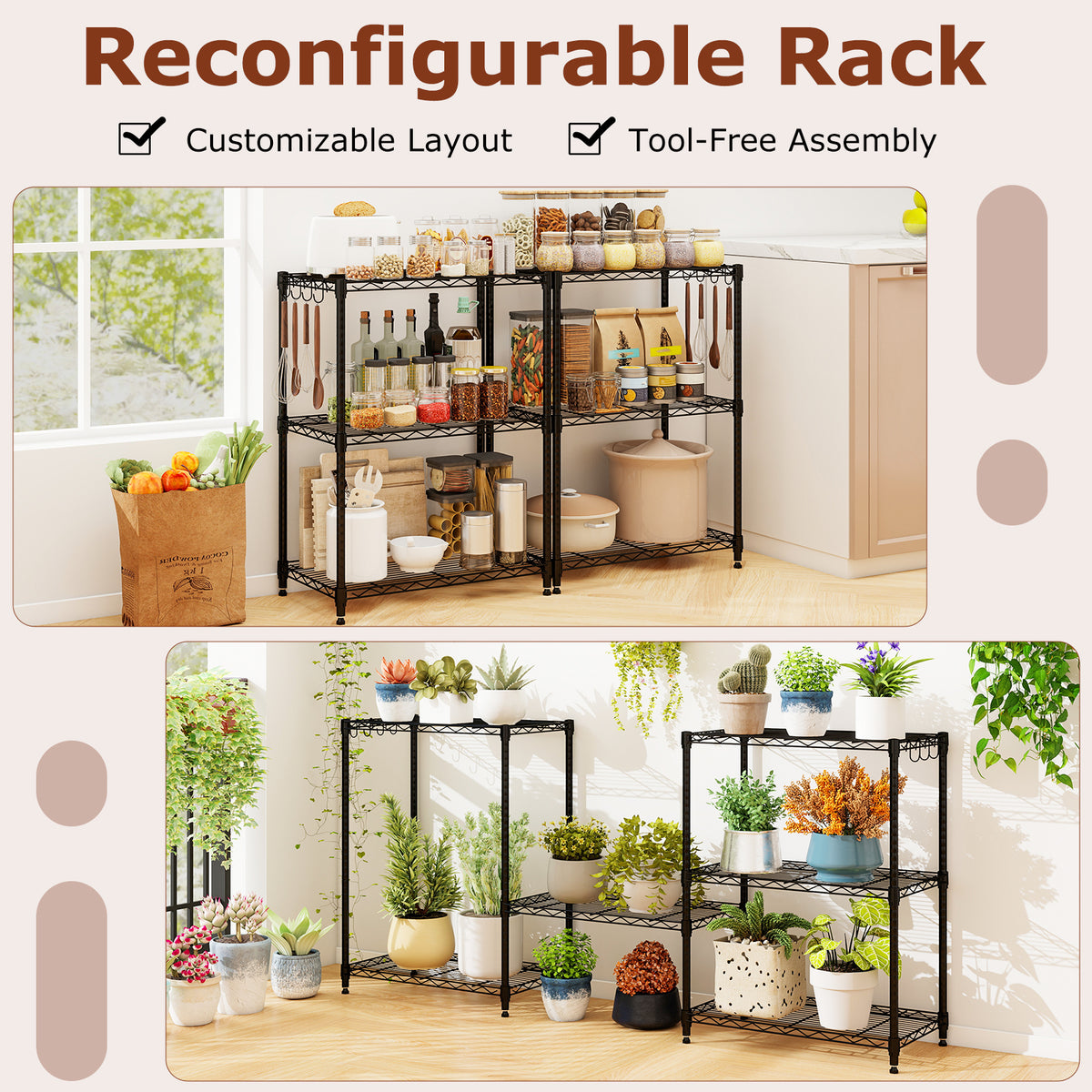 3-Tier Metal Storage Shelving Unit - Black, Set of 2