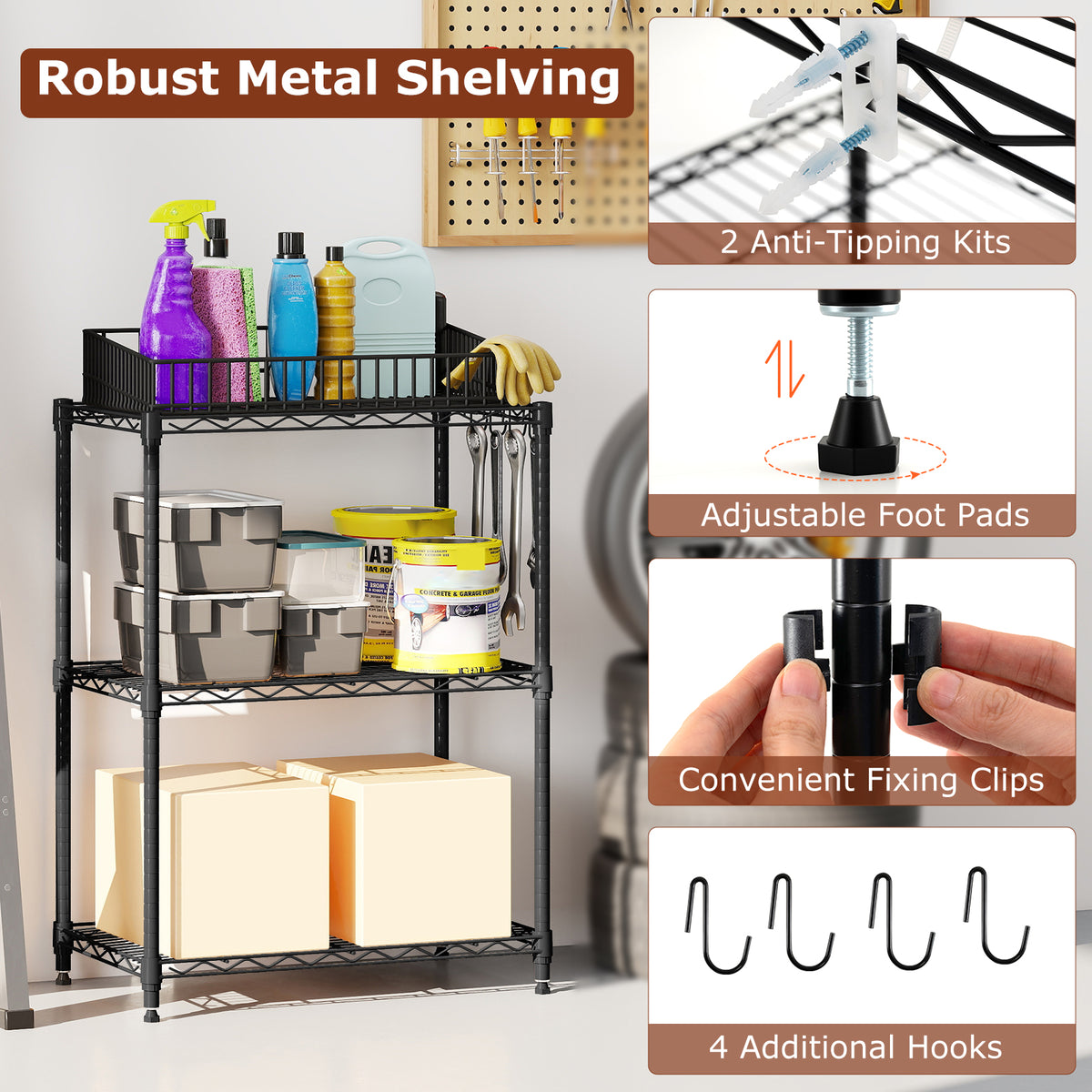 3-Tier Metal Storage Shelving Unit - Black, Set of 2
