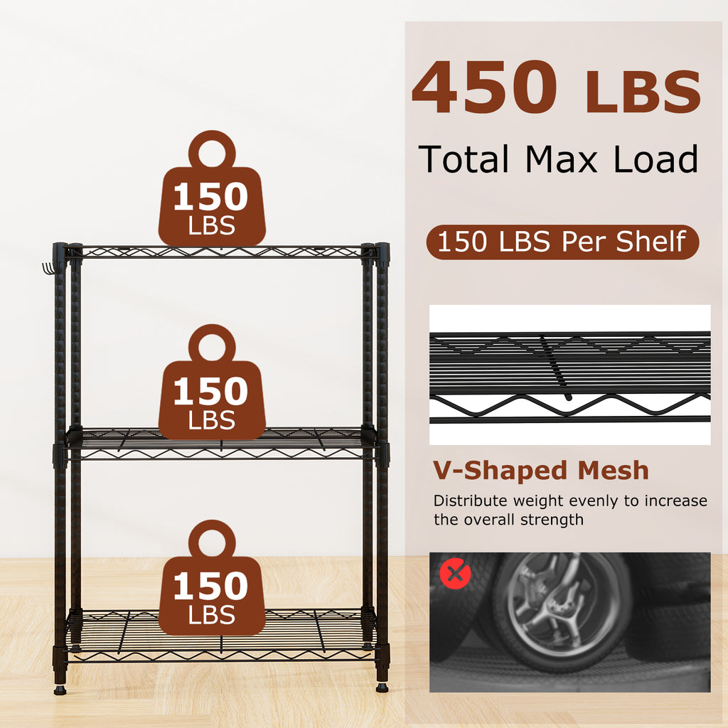 3-Tier Metal Storage Shelving Unit with V-Shaped Wire Rack and 450