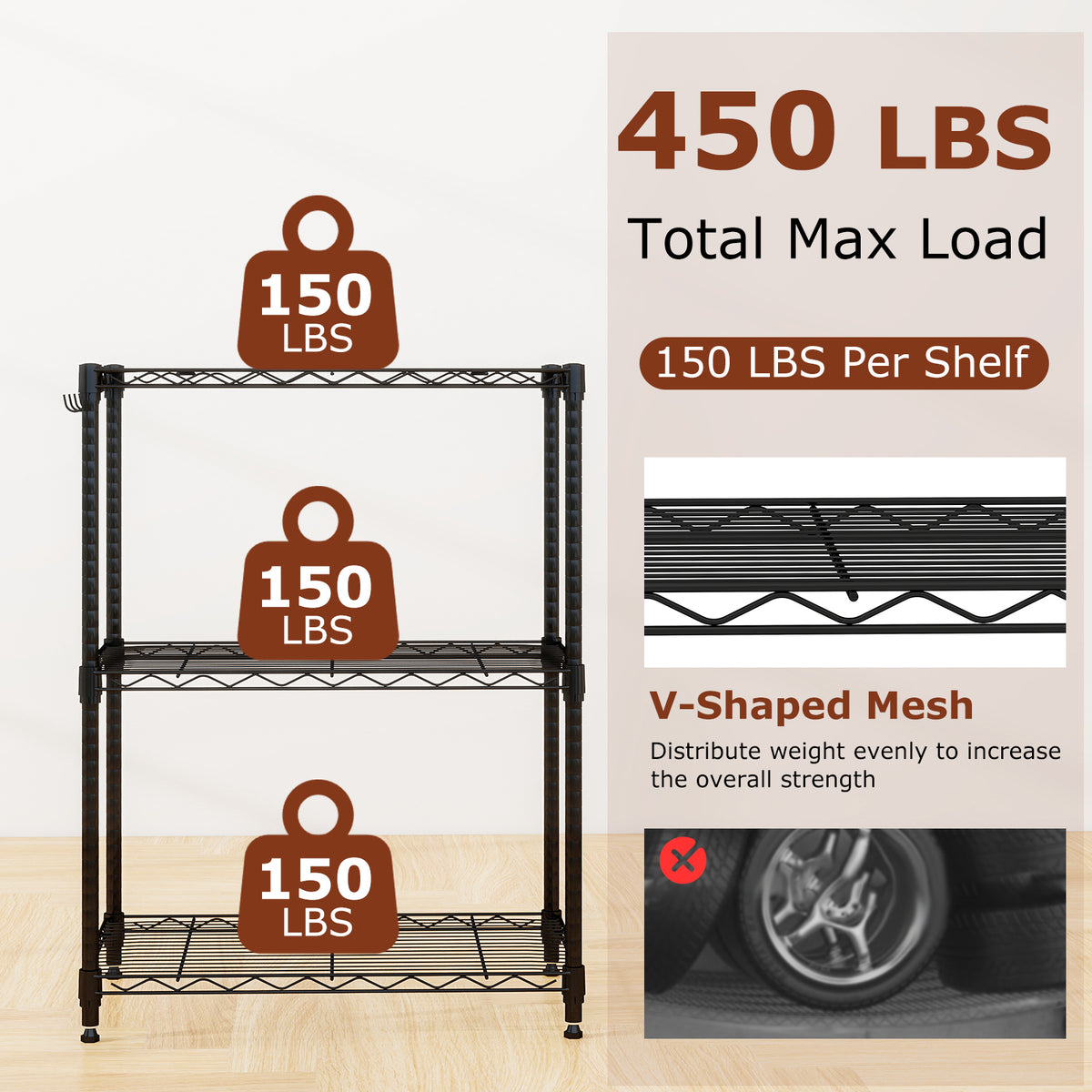 3-Tier Metal Storage Shelving Unit with V-Shaped Wire Rack and 450