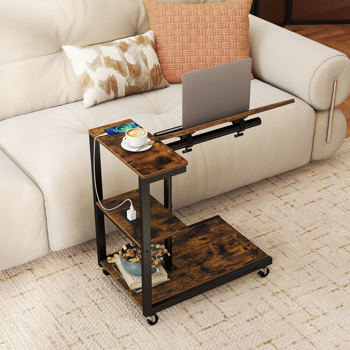 3-Tier Mobile Couch Side Table with Tiltable Top - 1 Piece