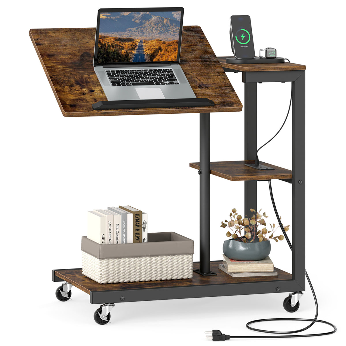 3-Tier Mobile Couch Side Table with Tiltable Top - 1 Piece