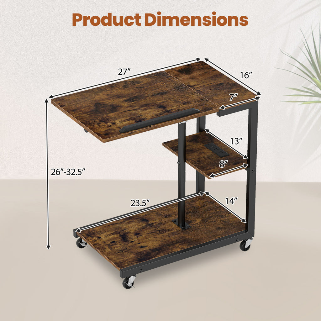 3-Tier Mobile Couch Side Table with Tiltable Top - 1 Piece