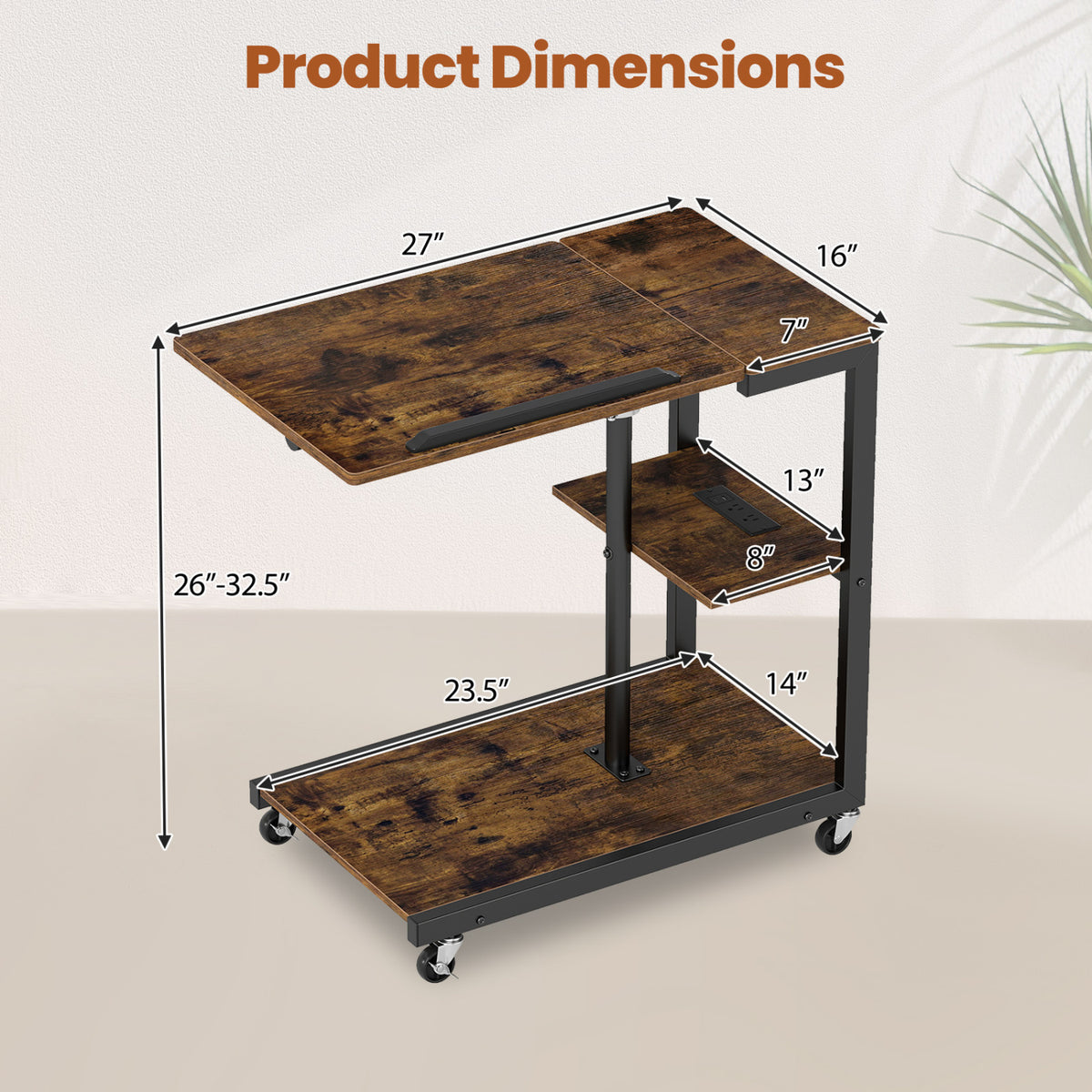 3-Tier Mobile Couch Side Table with Tiltable Top - 1 Piece