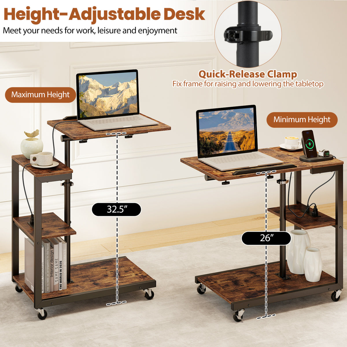 3-Tier Mobile Couch Side Table with Tiltable Top - 1 Piece
