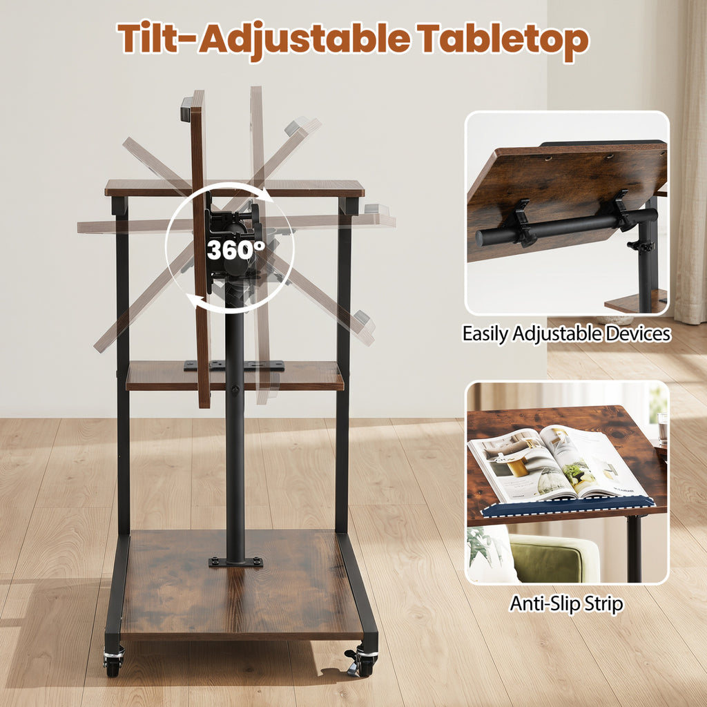 3-Tier Mobile Couch Side Table with Tiltable Top - 1 Piece