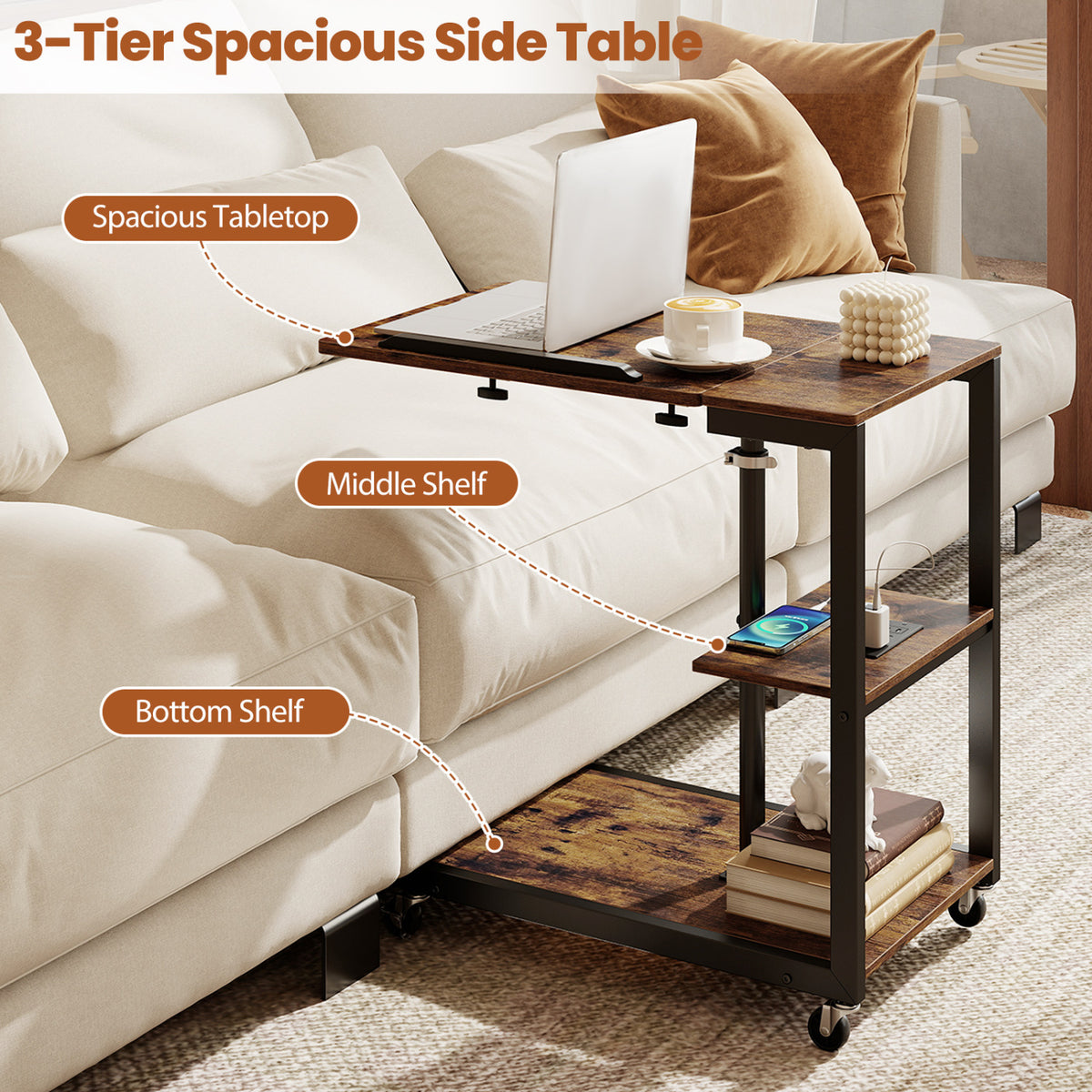 3-Tier Mobile Couch Side Table with Tiltable Top - 1 Piece