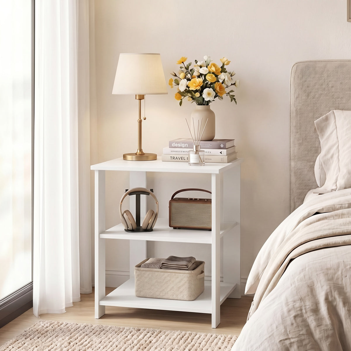 3-Tier Nightstand with Open Storage Shelves - White