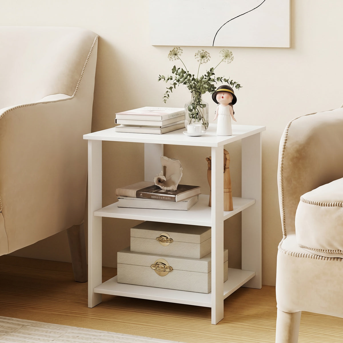 3-Tier Nightstand with Open Storage Shelves - White