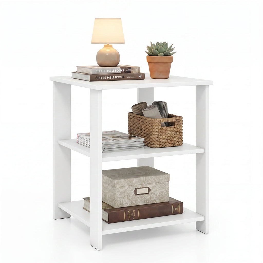 3-Tier Nightstand with Open Storage Shelves, White