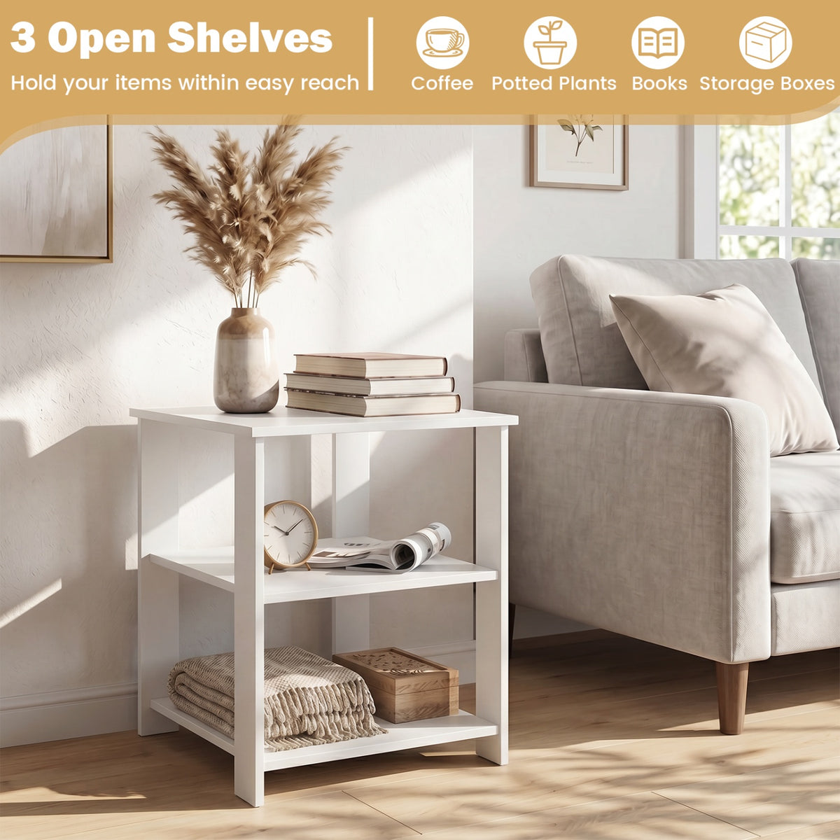 3-Tier Nightstand with Open Storage Shelves - White