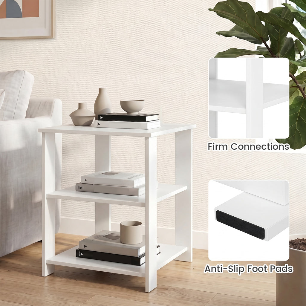3-Tier Nightstand with Open Storage Shelves - White