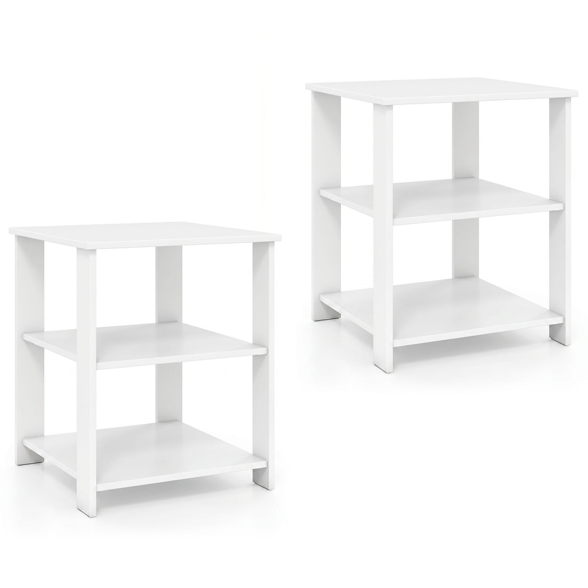 3-Tier Nightstand with Open Storage Shelves, Set of 2, White