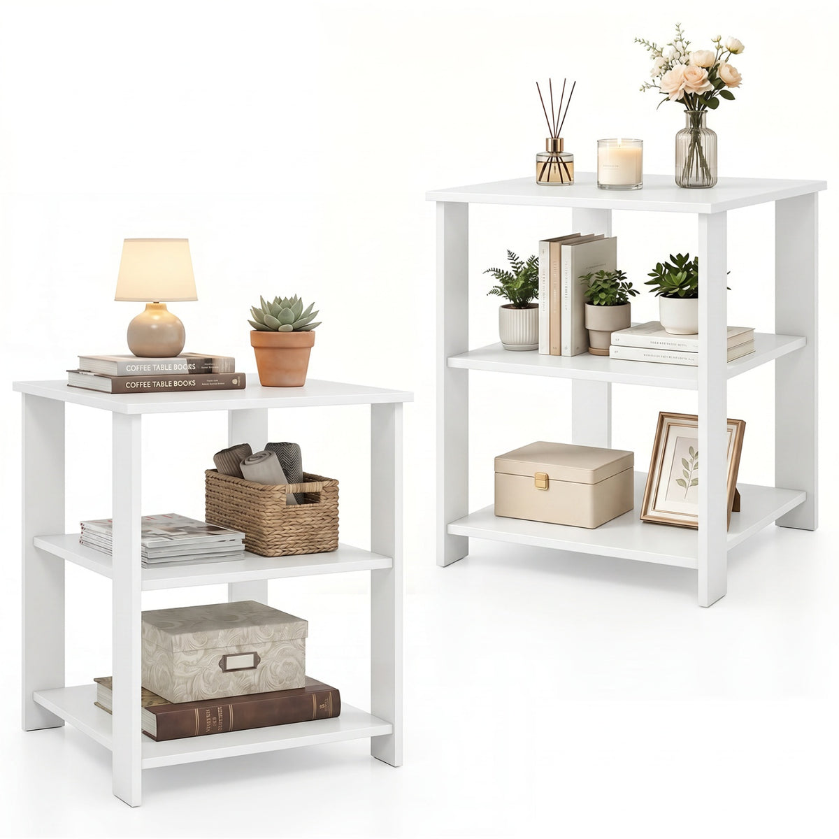 3-Tier Nightstand with Open Storage Shelves, Set of 2, White