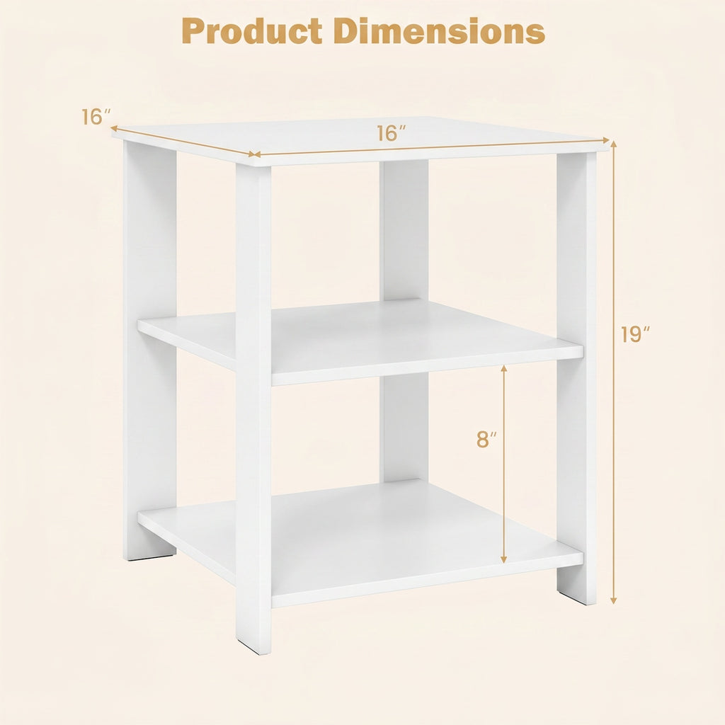 3-Tier Nightstand with Open Storage Shelves, Set of 2, White