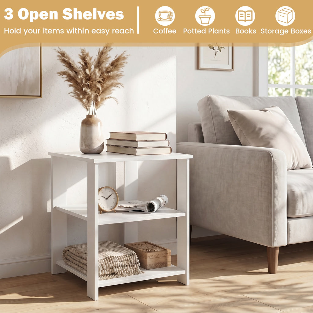 3-Tier Nightstand with Open Storage Shelves, Set of 2, White