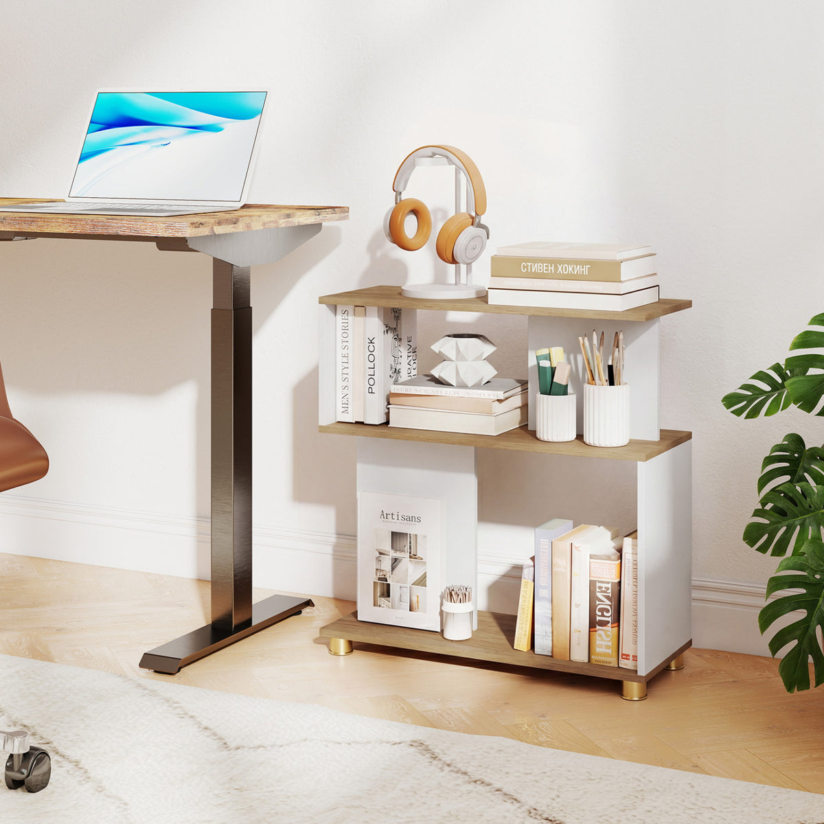 3-Tier S-Shaped Bookshelf with Adjustable Feet - White