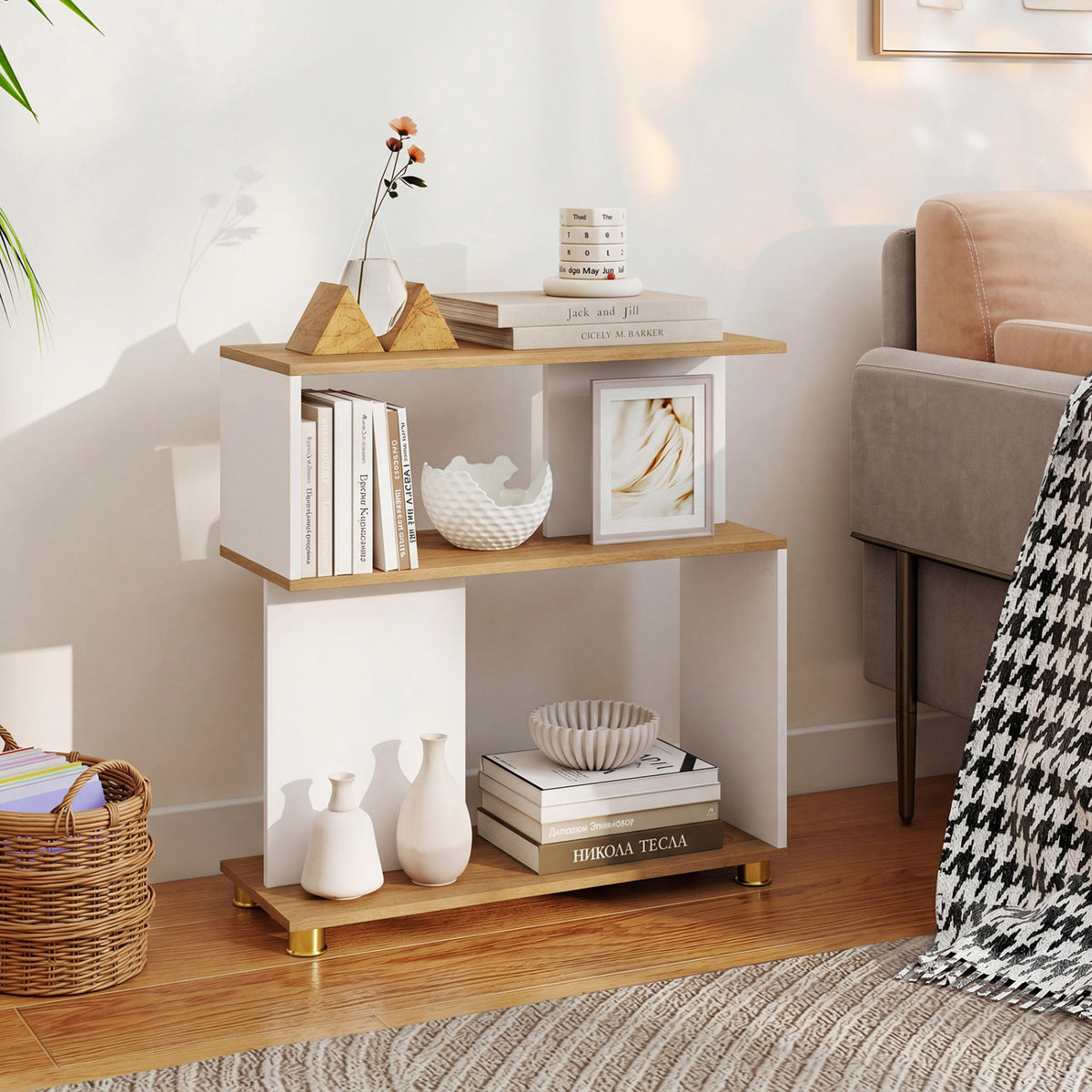 3-Tier S-Shaped Bookshelf with Adjustable Feet - White