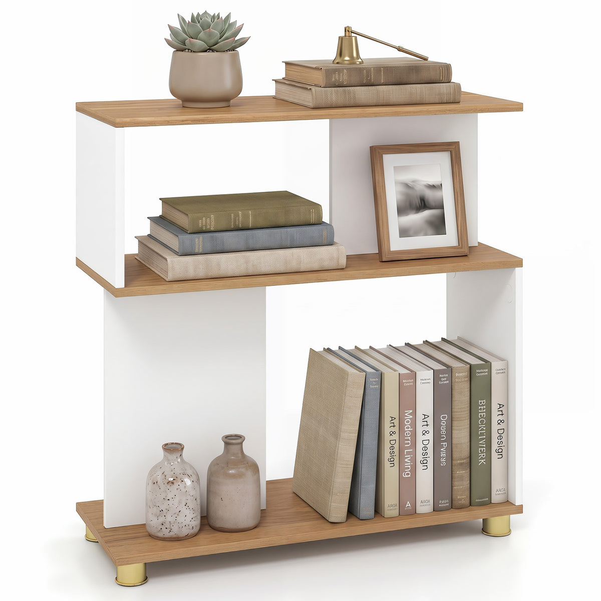 3-Tier S-Shaped Bookshelf with Adjustable Feet - White
