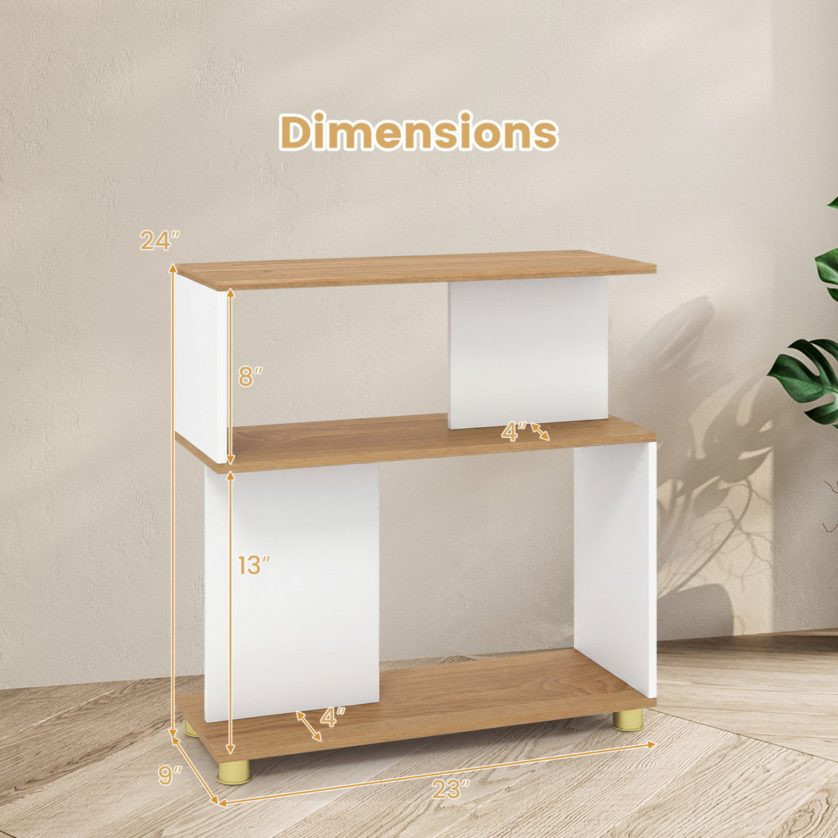 3-Tier S-Shaped Bookshelf with Adjustable Feet - White