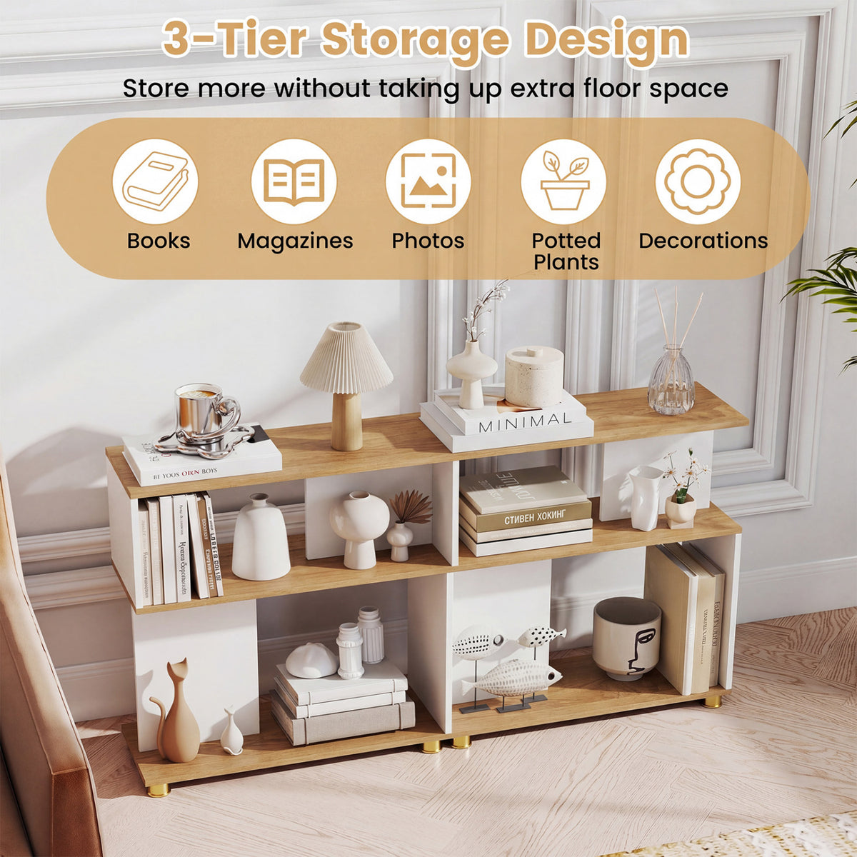 3-Tier S-Shaped Bookshelf with Adjustable Feet - White
