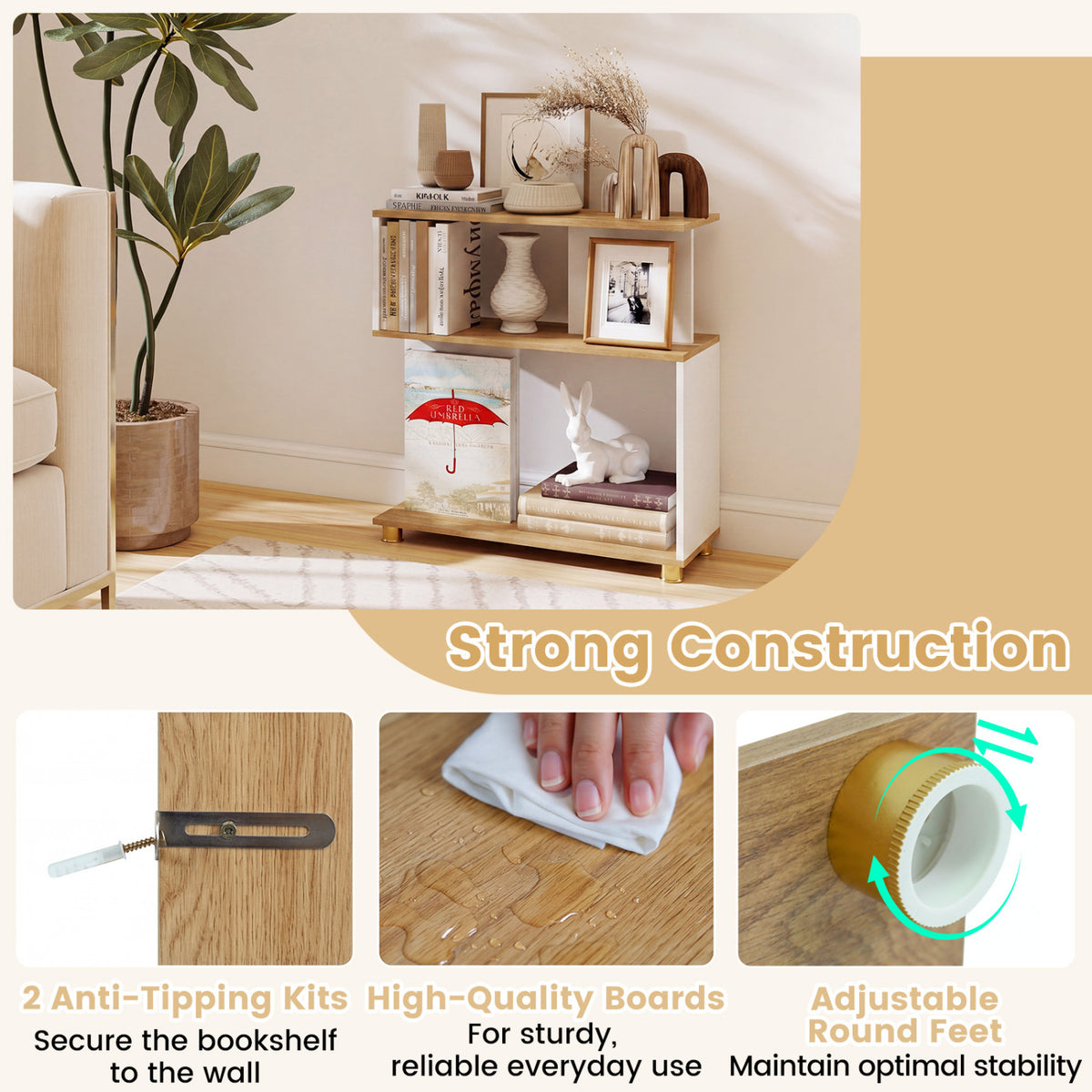 3-Tier S-Shaped Bookshelf with Adjustable Feet - White