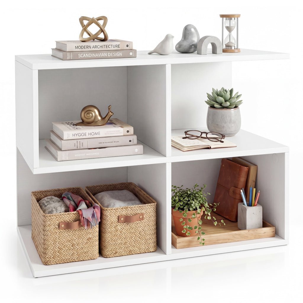 3-Tier Modern S-Shaped End Table with Storage Cubes - White