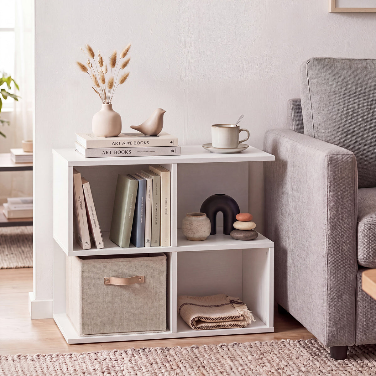 3-Tier Modern S-Shaped End Table with Storage Cubes - White