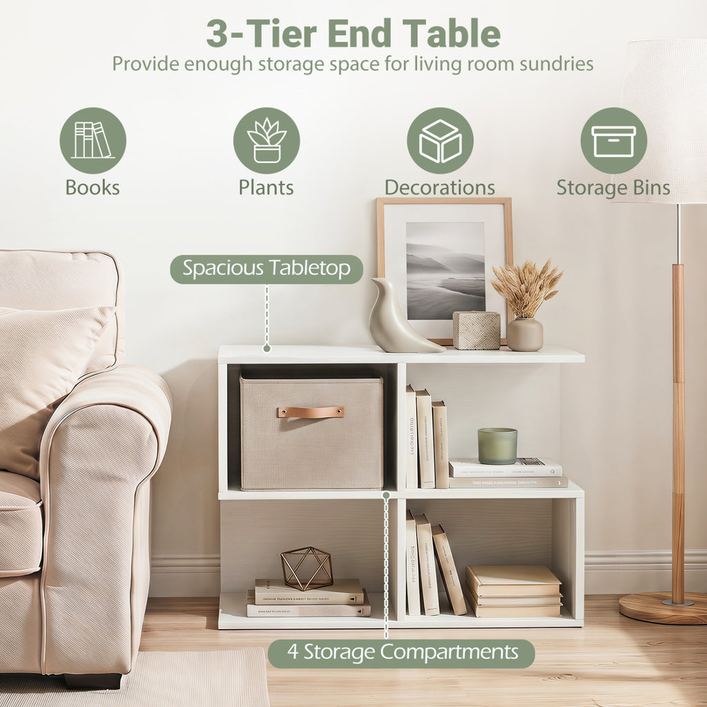 3-Tier Modern S-Shaped End Table with Storage Cubes - White