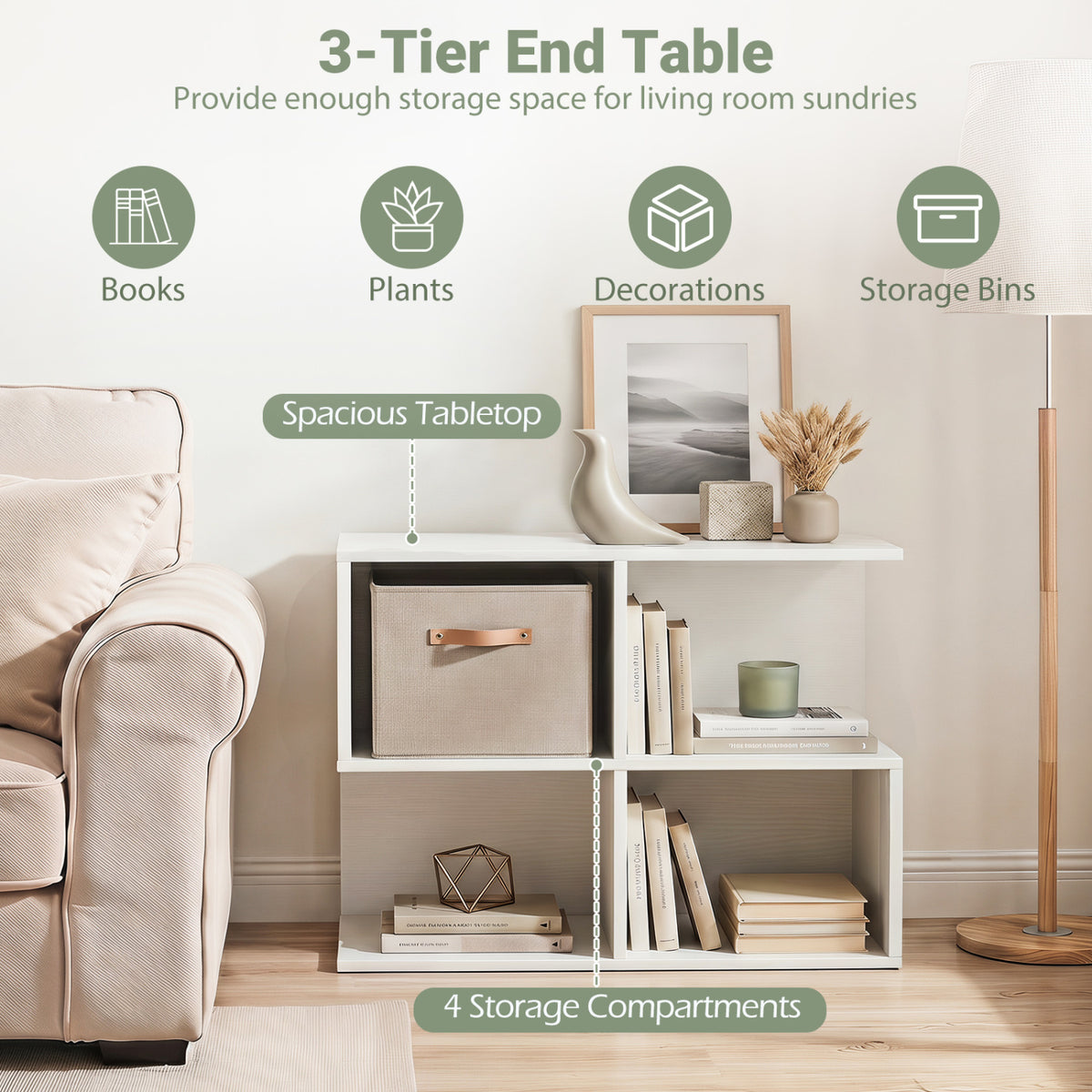 3-Tier Modern S-Shaped End Table with Storage Cubes - White