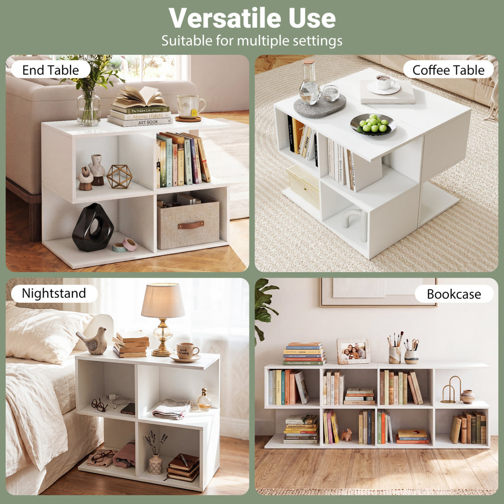 3-Tier Modern S-Shaped End Table with Storage Cubes - White