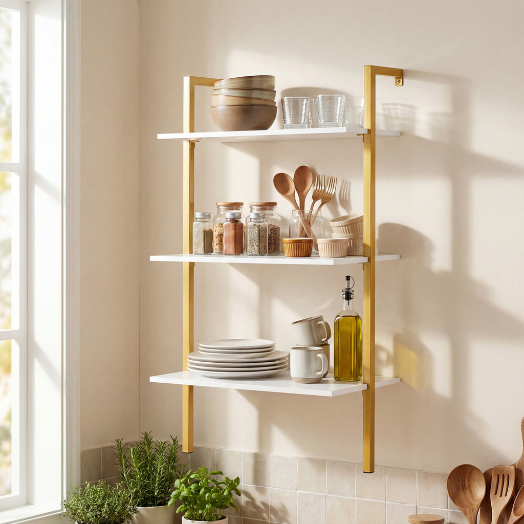 3-Tier Floating Wall Shelf with Metal Frame – Rustic Brown