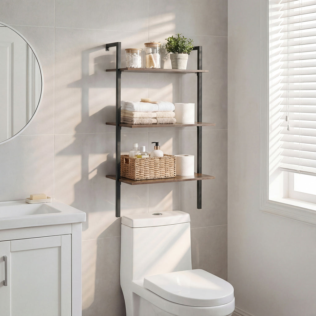 3-Tier Floating Wall Shelf with Metal Frame – Rustic Brown