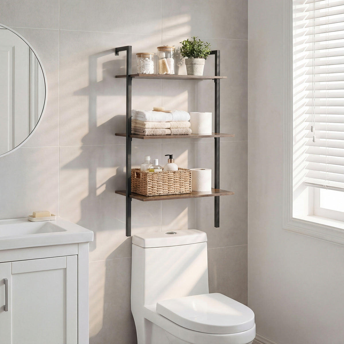 3-Tier Floating Wall Shelf with Metal Frame – Rustic Brown