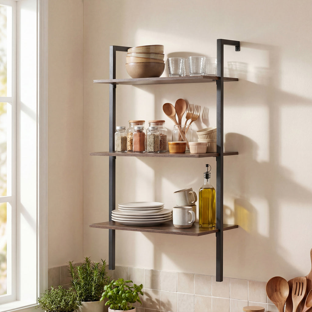 3-Tier Floating Wall Shelf with Metal Frame – Rustic Brown